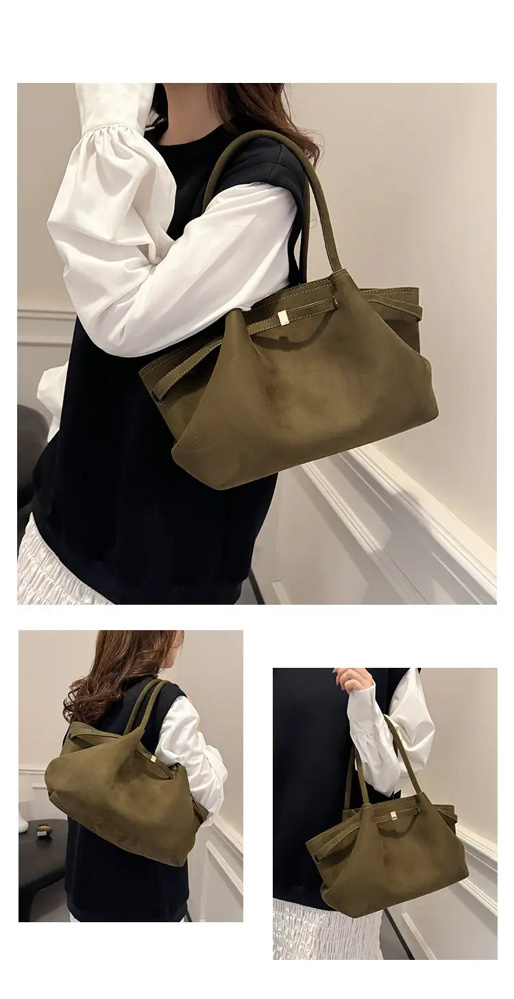 Sac fourre-tout en daim vert olive avec des poignées en cuir et une grande capacité impressionnante pour les femmes.