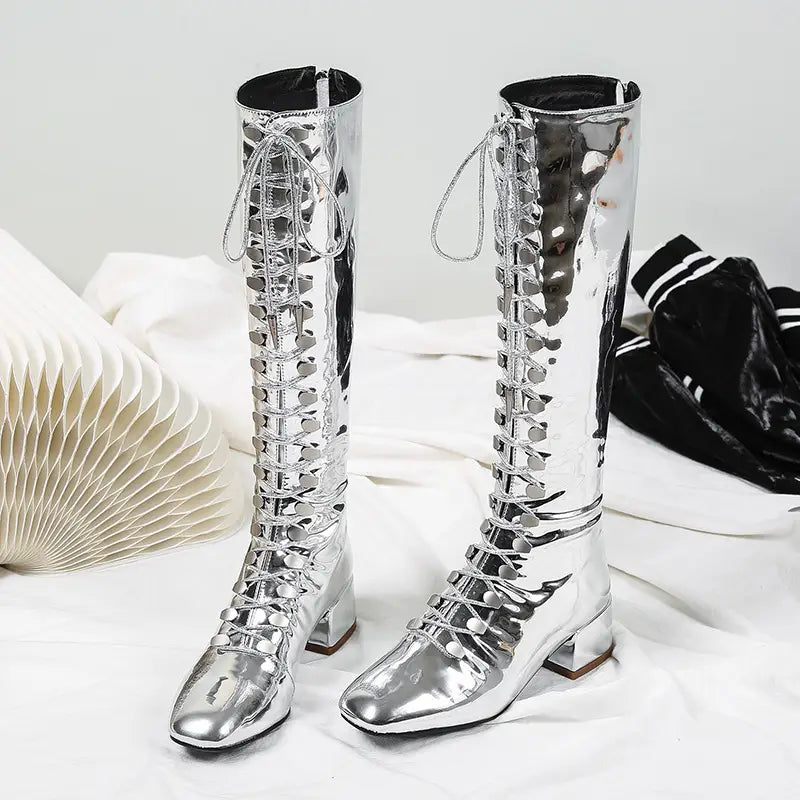 Patent Leather Lace-up Multi Hole Boots