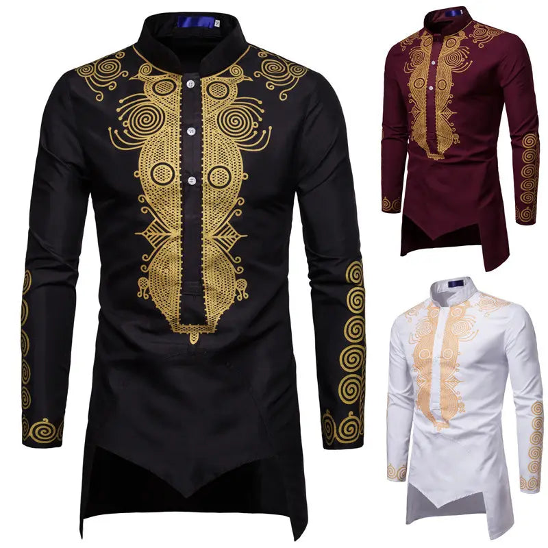 Nehru Collar Indian Style Shirt featuring ornate gold embroidery on black fabric.