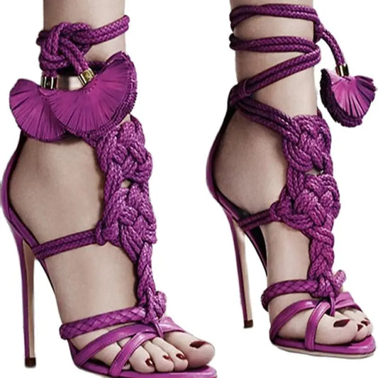 Braided Strap High Heel Sandals Rope Knot High Heel Gladiator Sandals