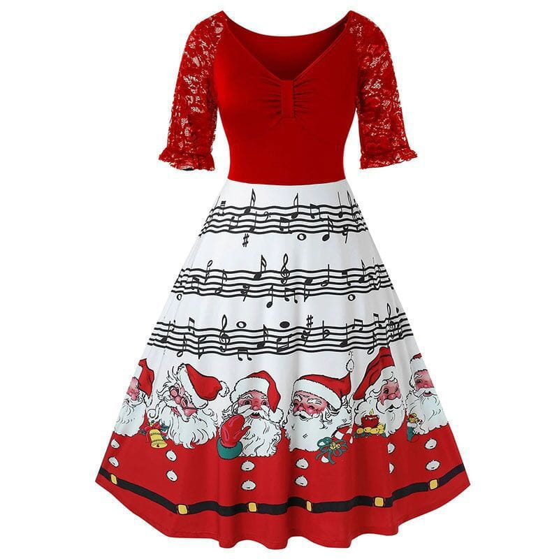 Red Lace Christmas Dress with Musical Notes and Santa