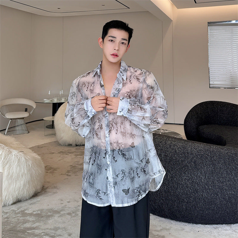 New traditional Chinese style landscape, bamboo flower pattern shaped shirt for men