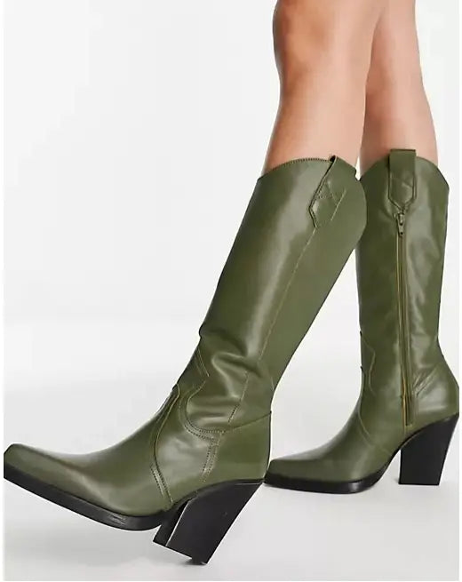 Unisex Knee High Cowboy Boots With Wedge Heels and Pointed