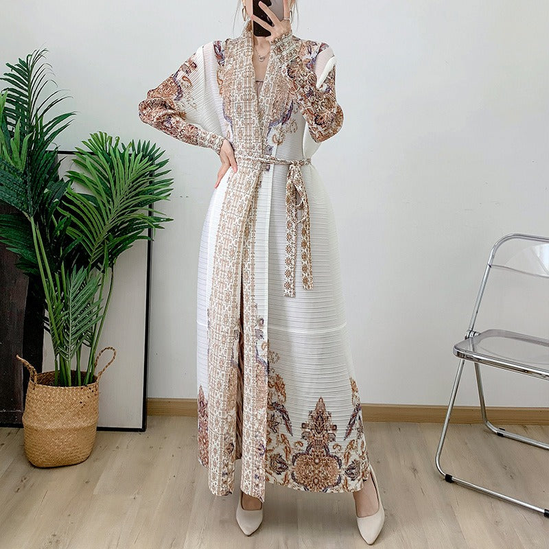 Beige pleated coat cape printed women's Arabic robe - Pleasures and Sins   Pleasures and Sins