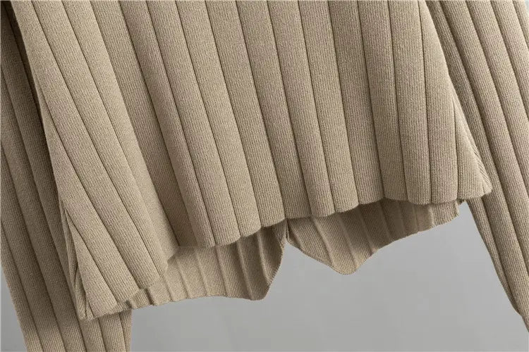 Beige ribbed fabric with vertical pleats for Chanel Style Wide Leg Three-Piece Knitted Set.