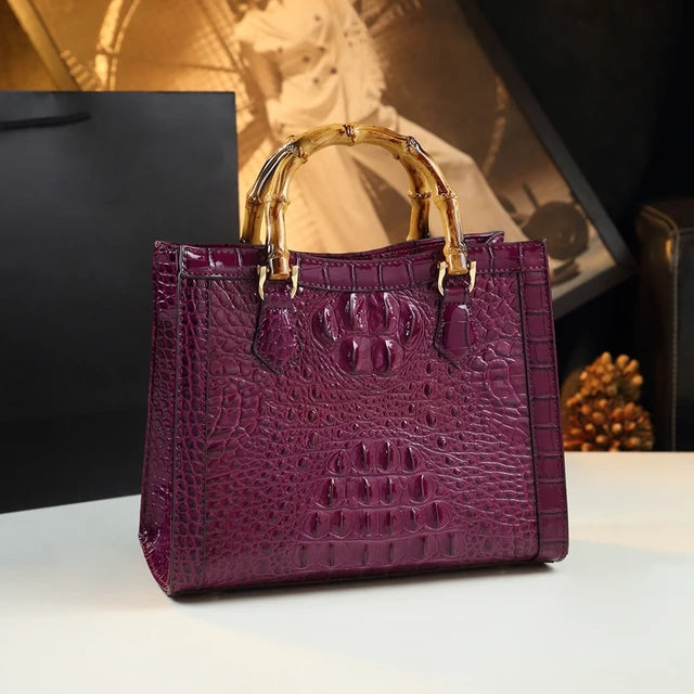 Genuine Leather Bamboo Handle Crocodile Pattern Ladies Handbag - Pleasures and Sins   Pleasures and Sins