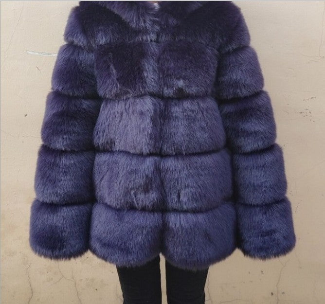 Faux Fox Fur Ladies Slimming and Stand Collar Coat