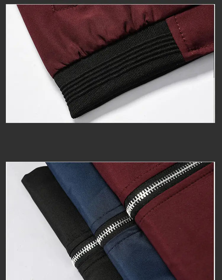 Jacket sleeve cuff with ribbed black trim and silver zipper on Casual Harrington Style Hooded Jacket.