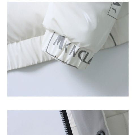 White medical bandage with NCL text on Men’s Winter Hooded Shiny Padded Bubble Coat.