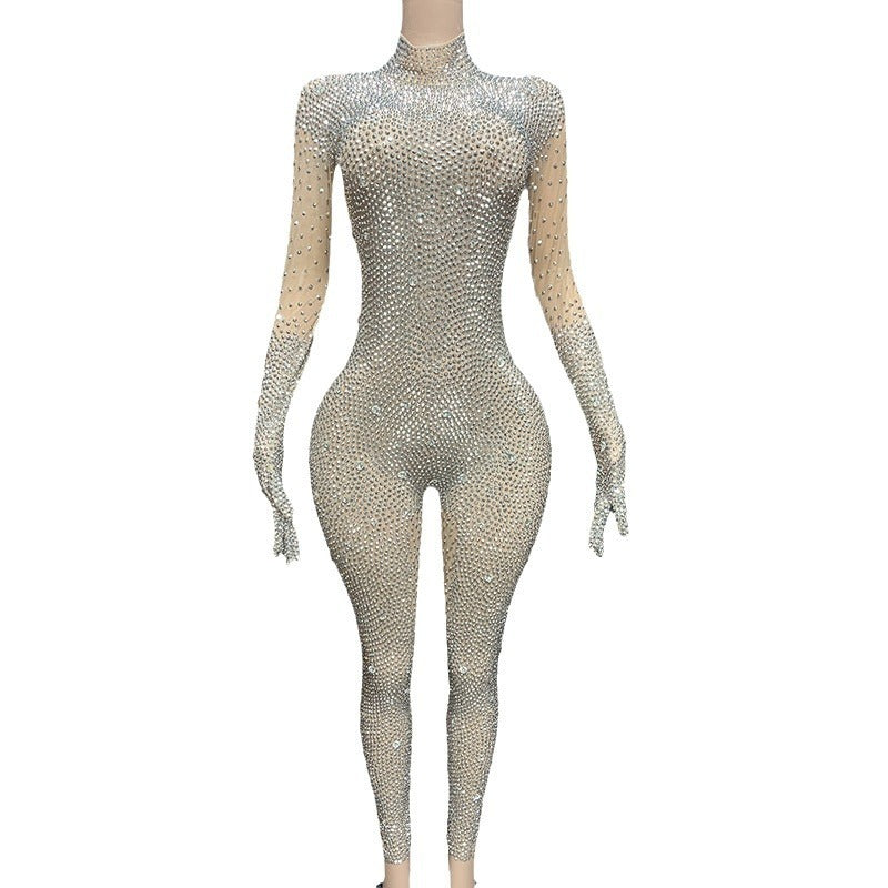 Round neck long sleeved skin tight Rhinestone jumpsuit with gloves - Pleasures and Sins   Pleasures and Sins