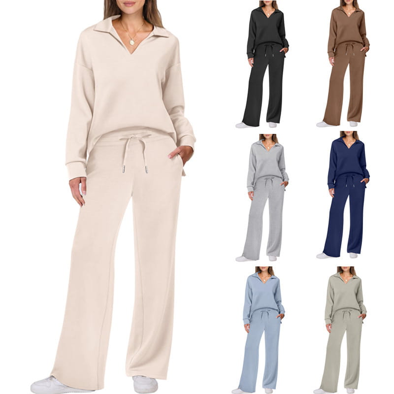 Ladies two piece casual outfit set with pockets in a comfy loungewear style.