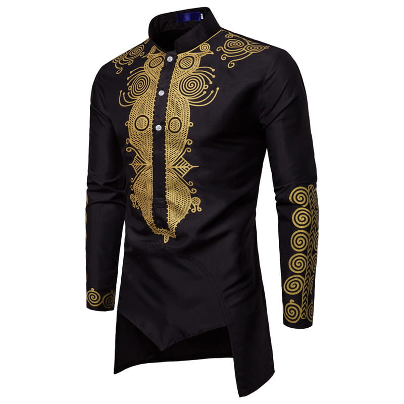 Black Nehru Collar Indian style shirt with gold embroidery and asymmetric hem.