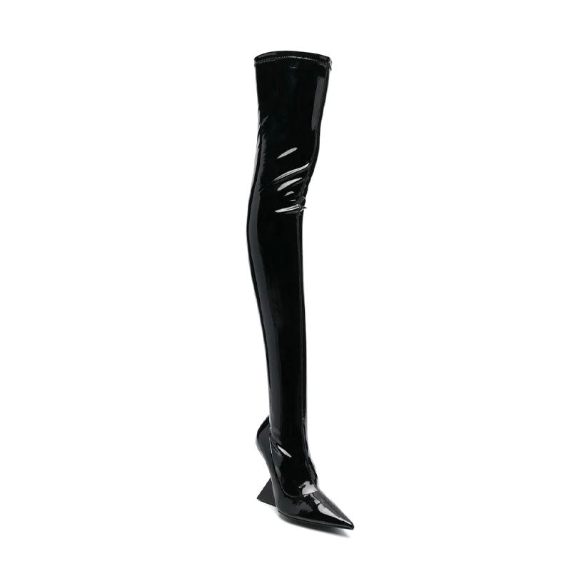 Neue Damen-Stiefel mit hohem Absatz und spitzer Zehenpartie sowie seitlichem Reißverschluss, sexy, schmale Lack-Dominatrix-Stiefel