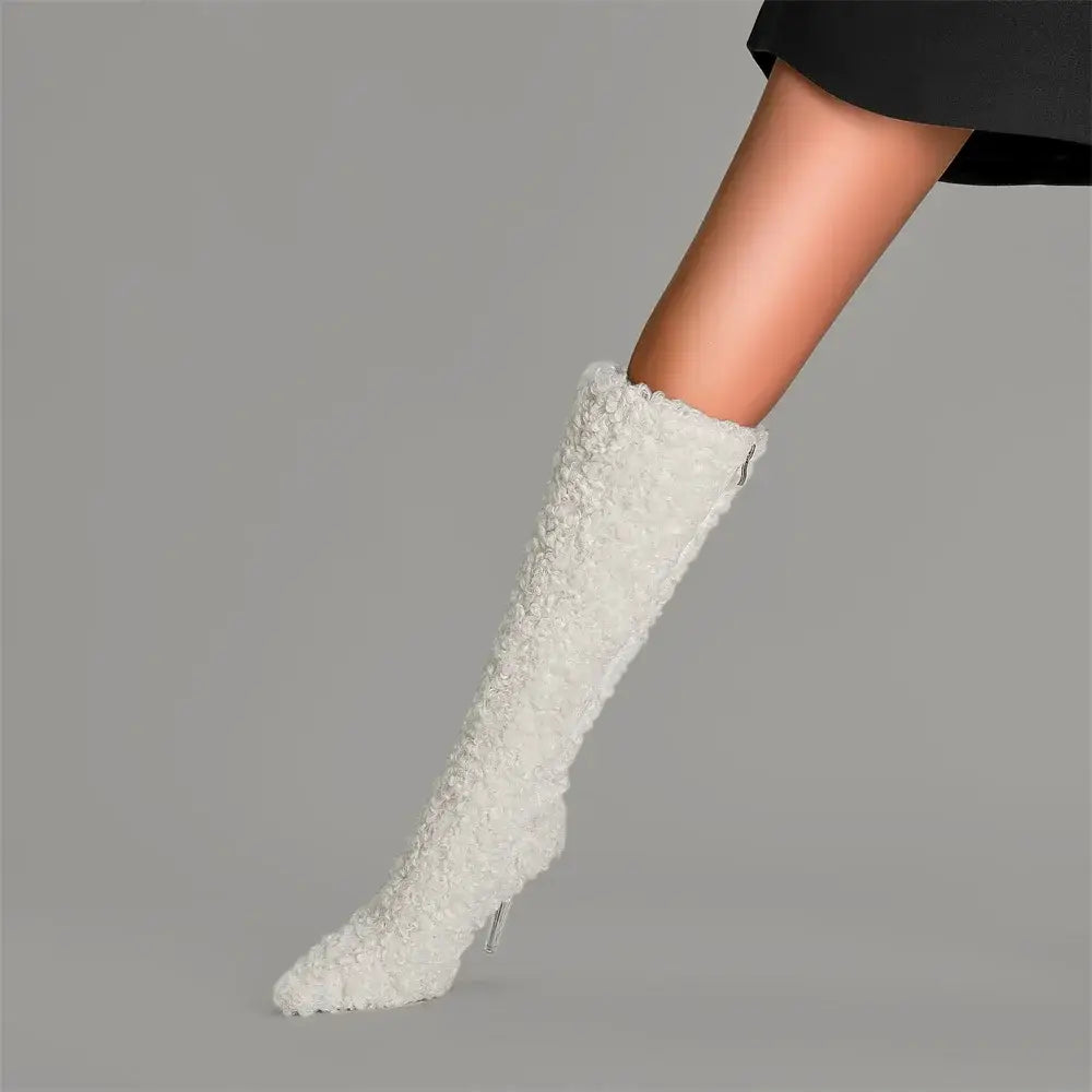 White fluffy knee-high sock paired with Tall White Furry Pointed Toe Boots with Crystal Heel.