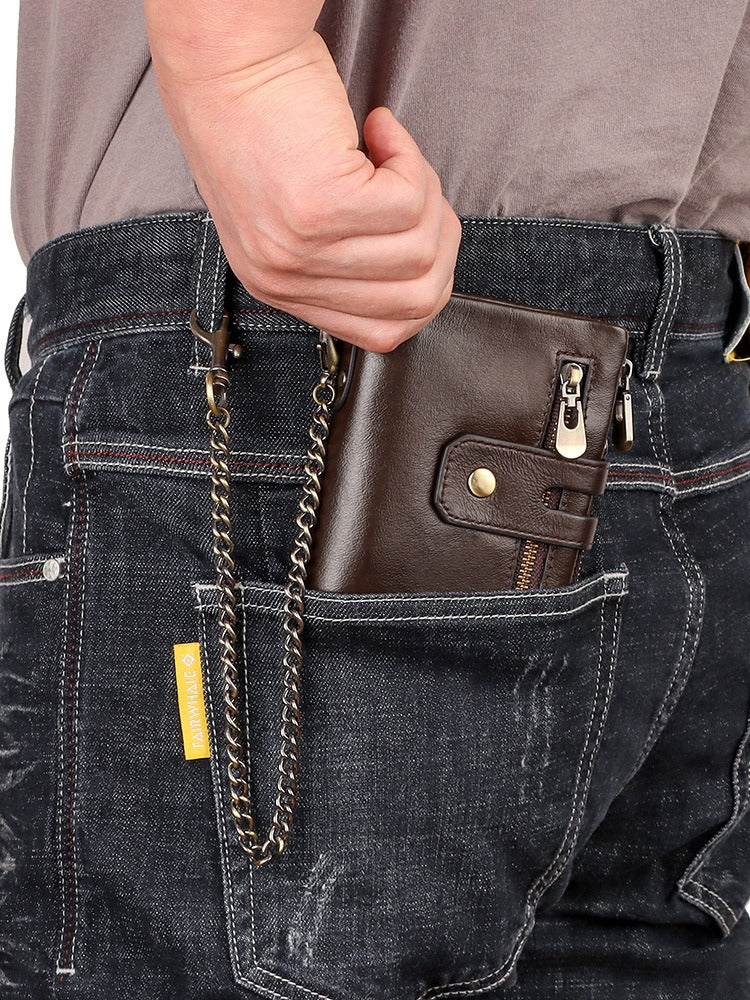 Mens short genuine leather wallet with zip and chain detail - Pleasures and Sins   Pleasures and Sins