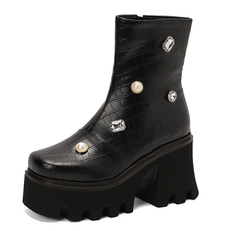 Rhinestone Thick Bottom British Style Square Toe Boots - Pleasures and Sins   Pleasures and Sins