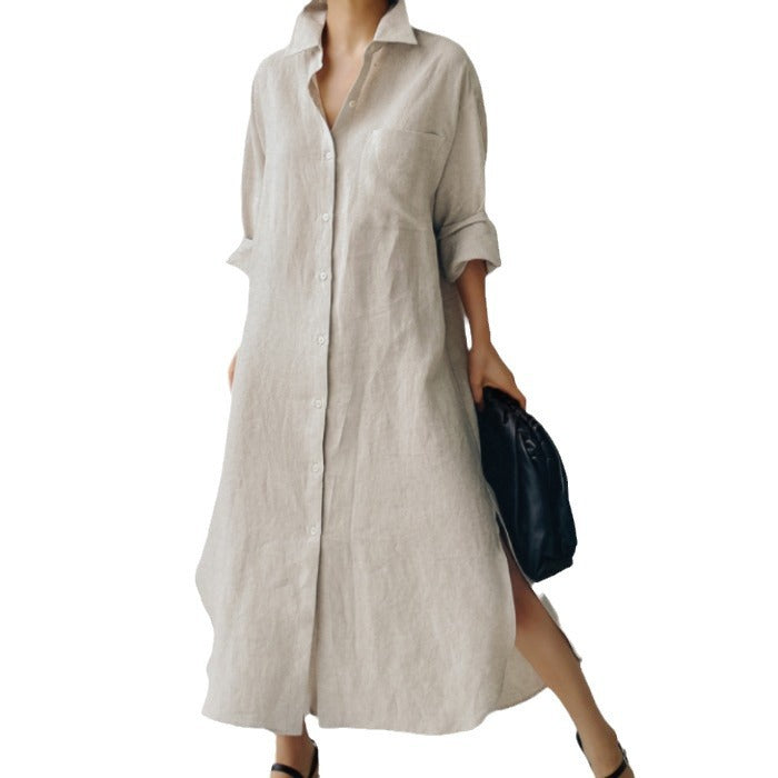 Spring and Autumn shirt dress, knee length slit shirt