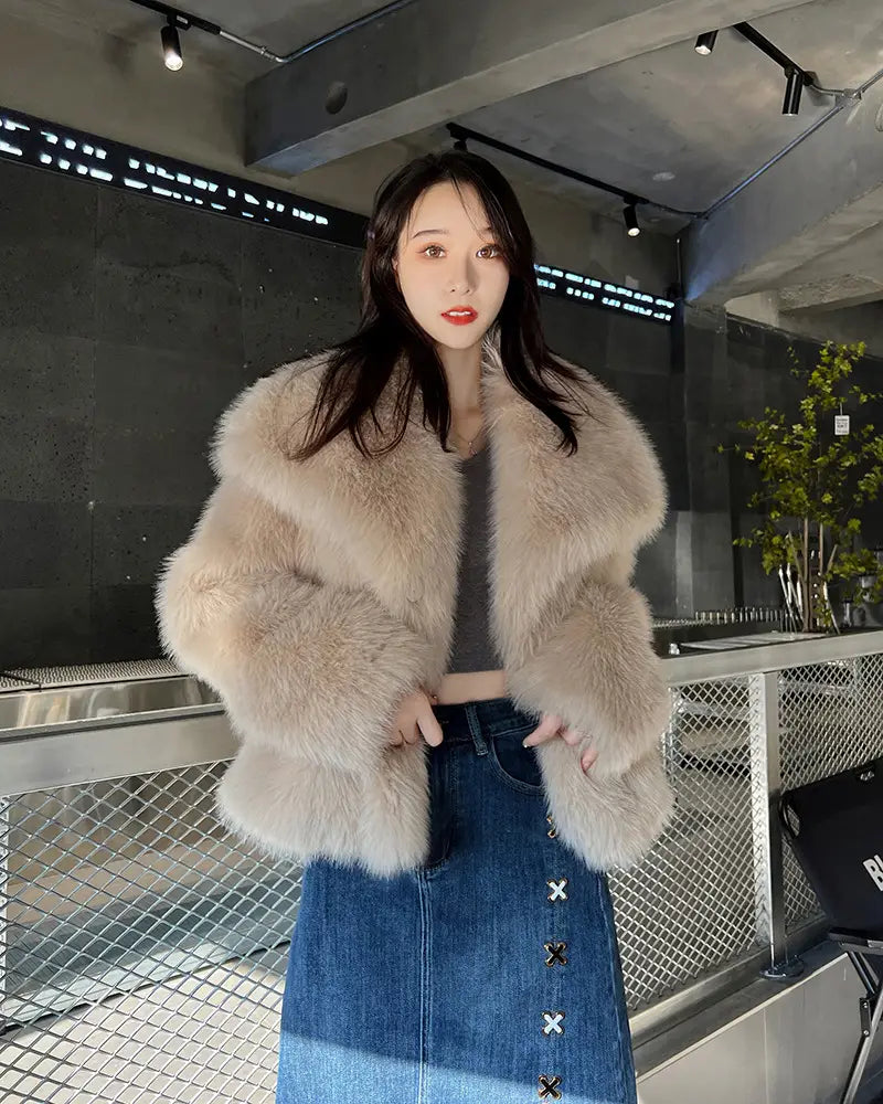 Ladies Large Lapel Fur Coat Elegant Long Sleeve Warm Fur