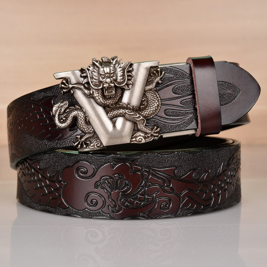 Leather ethnic style belt, personalized dragon pattern embossed belt - Pleasures and Sins   Pleasures and Sins