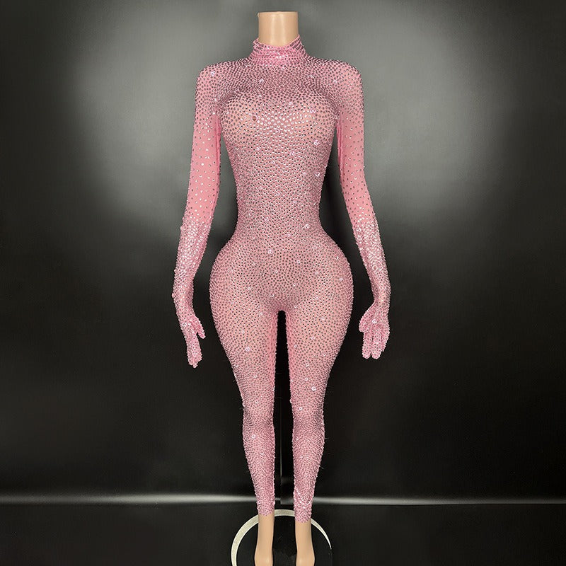 Round neck long sleeved skin tight Rhinestone jumpsuit with gloves - Pleasures and Sins   Pleasures and Sins