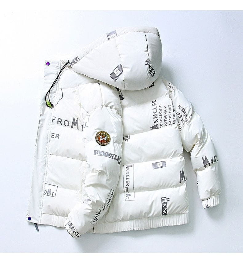 Stylish white puffer jacket featuring text print pattern perfect for a winter hooded shiny look.