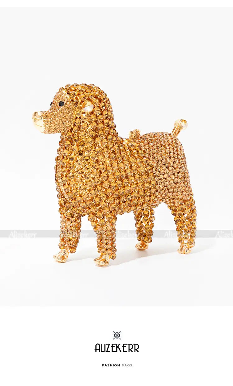 Golden beaded dog sculpture on a designer dog shaped crystal evening handbag.