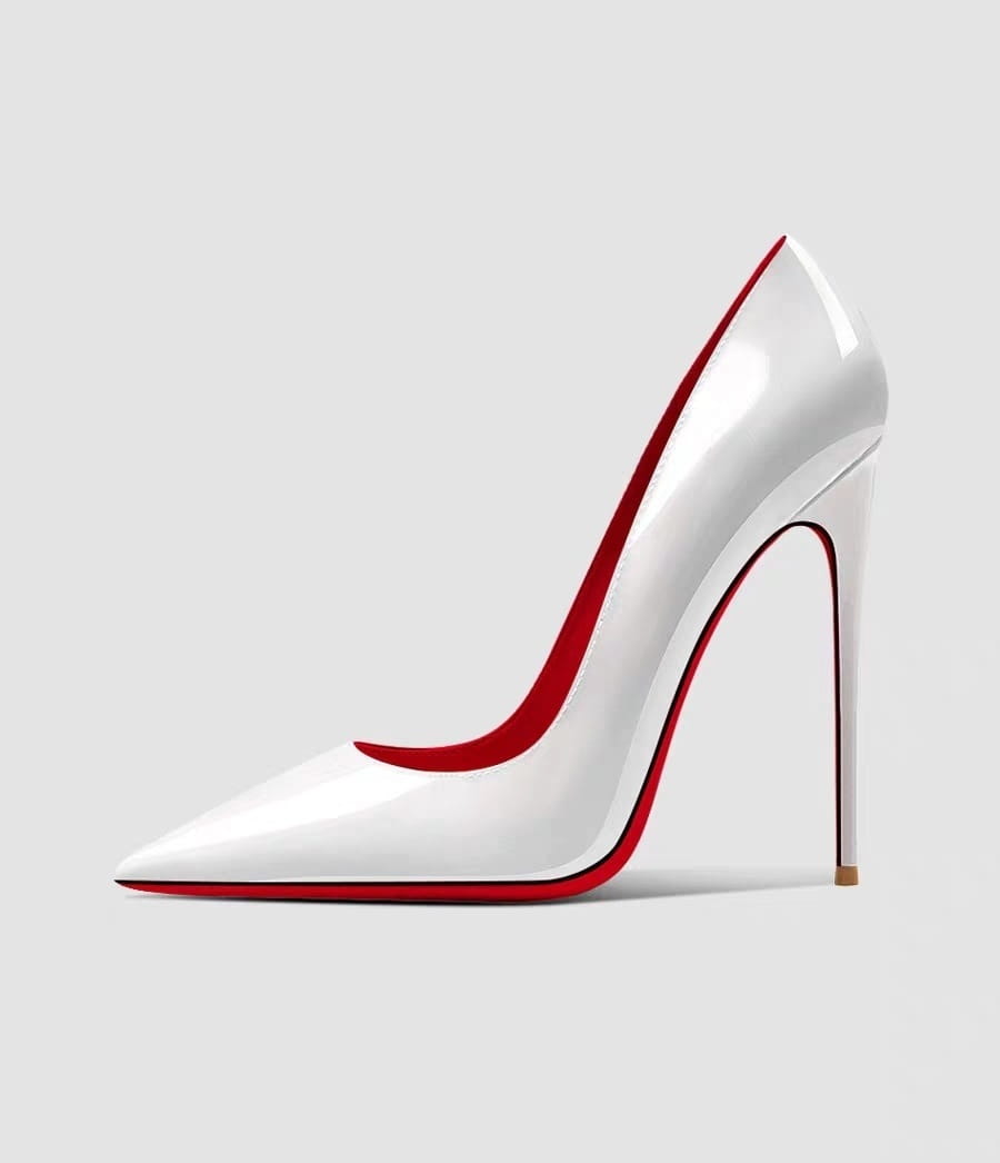 White stiletto heel with red sole, part of Pure Desire Luxury High Heel collection.