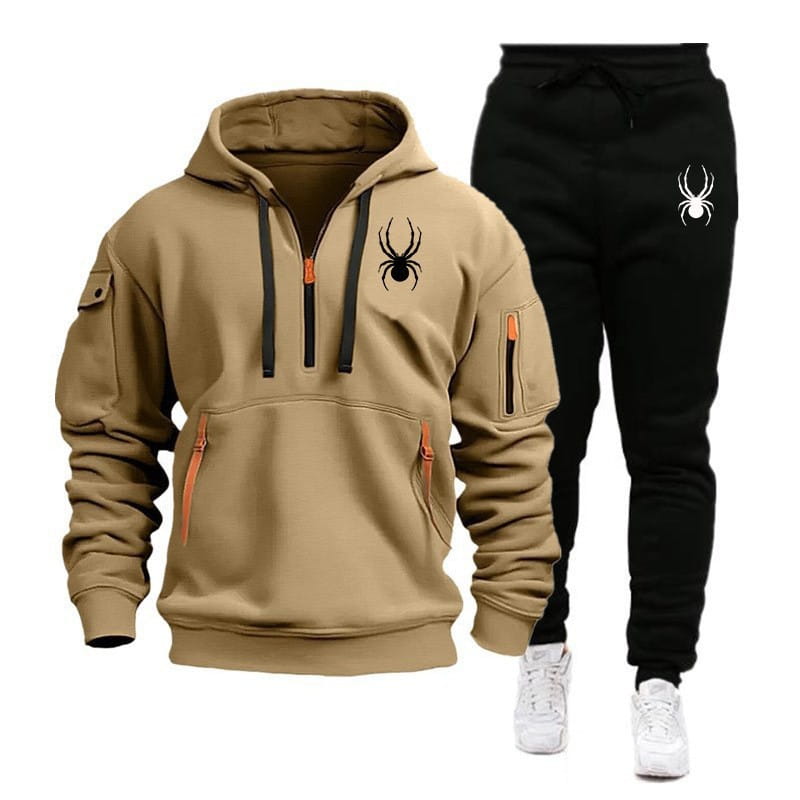 Tan hoodie and black sweatpants set with spider logo for a stylish plus size outfit set.