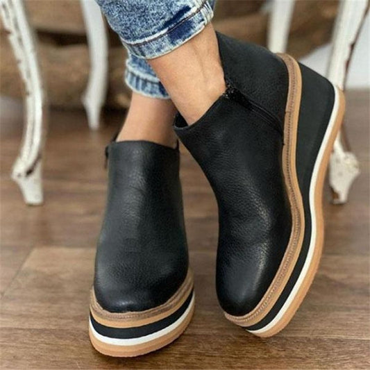 Wedge Thin Short Side Zipper Mid Heel Leather Surface Ankle Boots