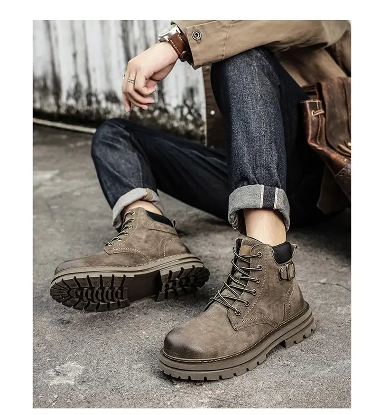 Rugged brown suede Retro Martin Boots with thick soles for a stylish steampunk vibe.