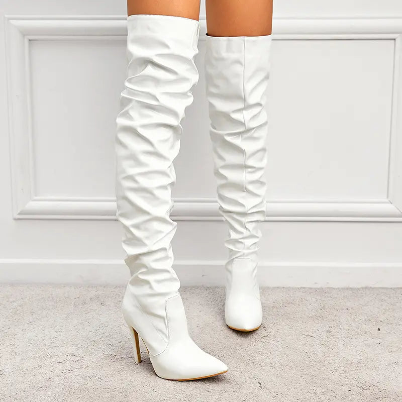 High Heel Ruffled Design Knee Length Patent Boots