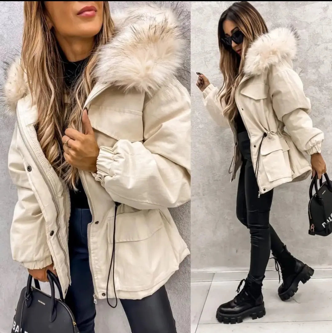 Cream-colored Parka Coat featuring a faux fur collar and utility pockets, perfect for winter.