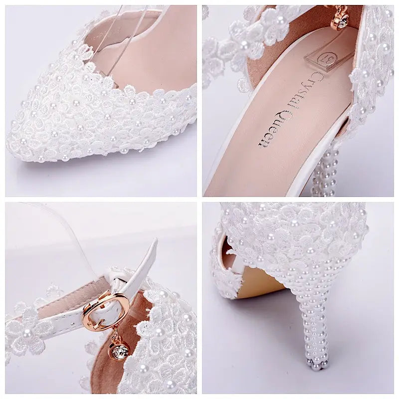 Stunning White Lace and Pearl Pointed Toe High Stiletto Wedding Shoes for Brides