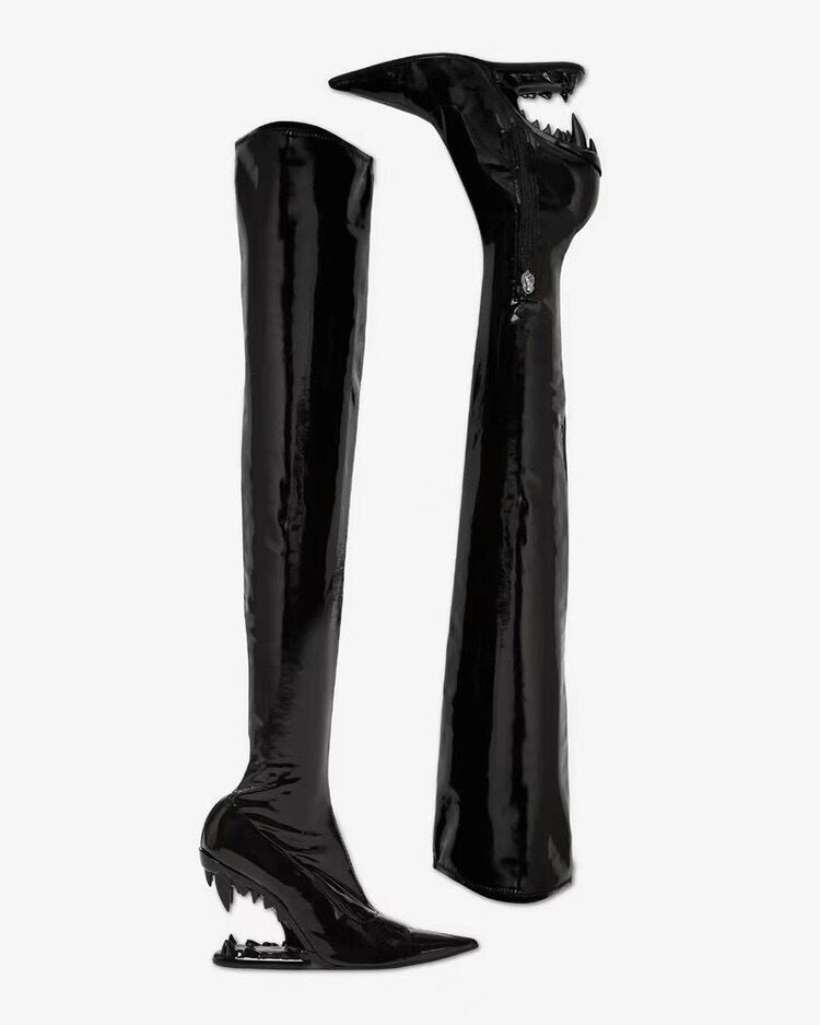 Tiger Teeth, Shark Mouth Shape Heels, Fitted Luxury Thigh Length Boots