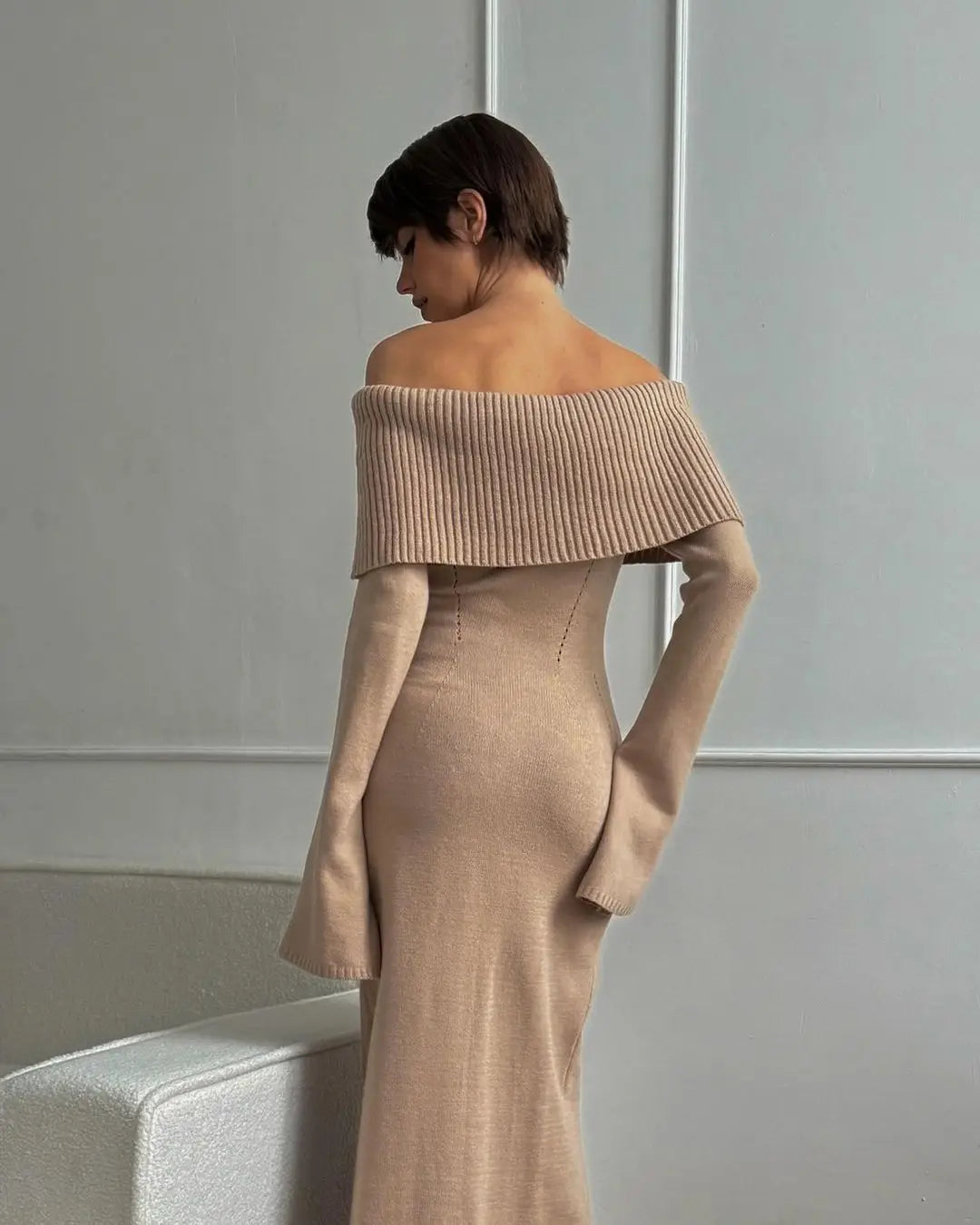 Off-the-shoulder Long Sleeve Knitted Bodycon Maxi Dress