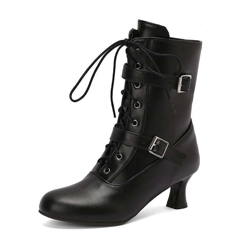 Black leather mid heel lace-up ankle boots with buckle straps and curved heel.