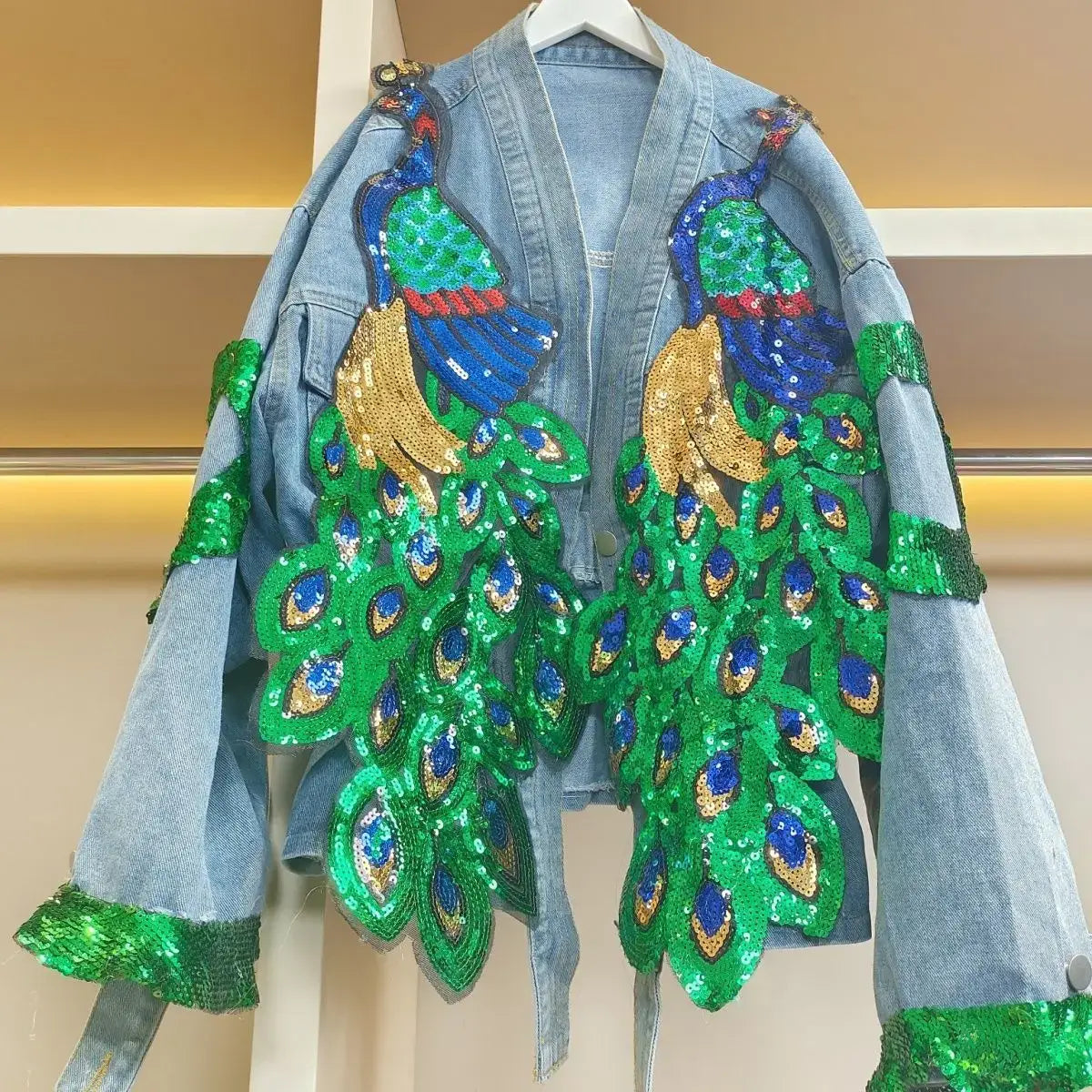 Womens V-neck 3D Peacock Sequined Embroidered Denim Jacket