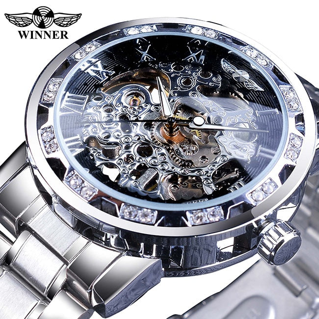 Mens Rhinestone Roman Analog Skeleton Mechanical Stainless Steel Luminous Watch - Pleasures and Sins   Pleasures and Sins