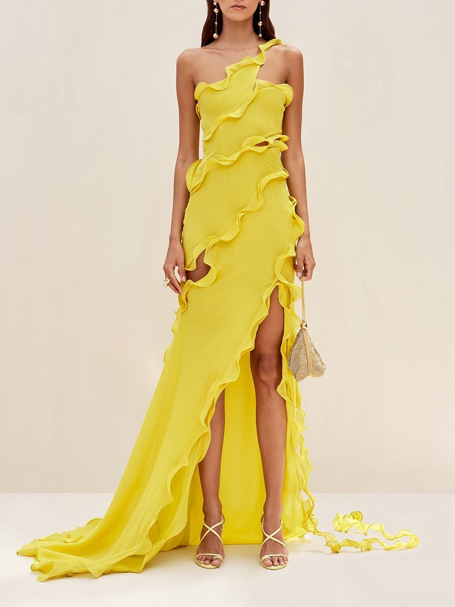 Yellow Elegant style one shoulder long dress asymmetric split - Pleasures and Sins   Pleasures and Sins