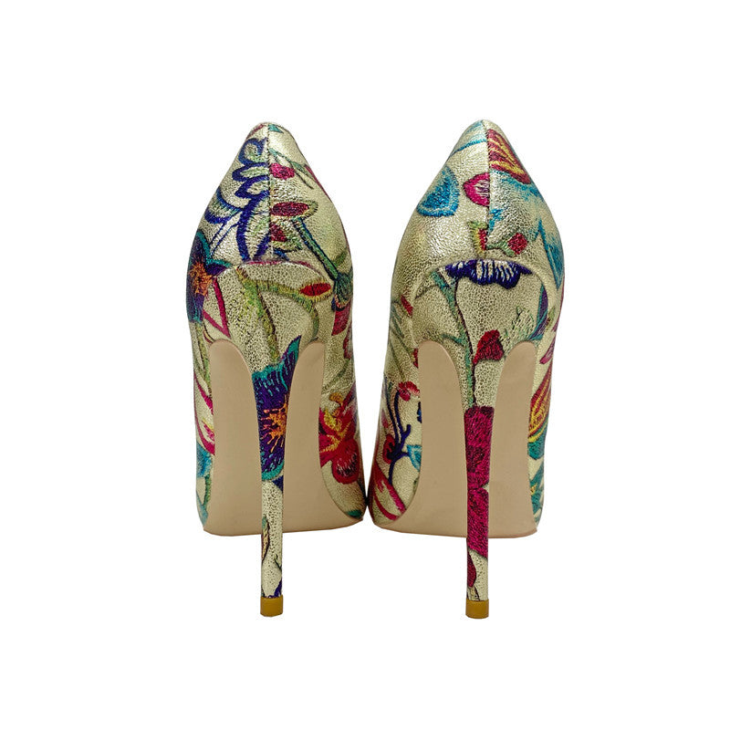 Gold Embroidered Floral High Heel Shoes - Pleasures and Sins   Pleasures and Sins