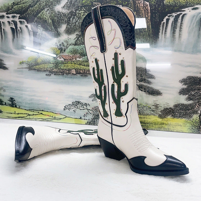 Western Cowboy Mid Calf Women Chunky High Heels Cactus Cowgirl Boots - Pleasures and Sins   Pleasures and Sins