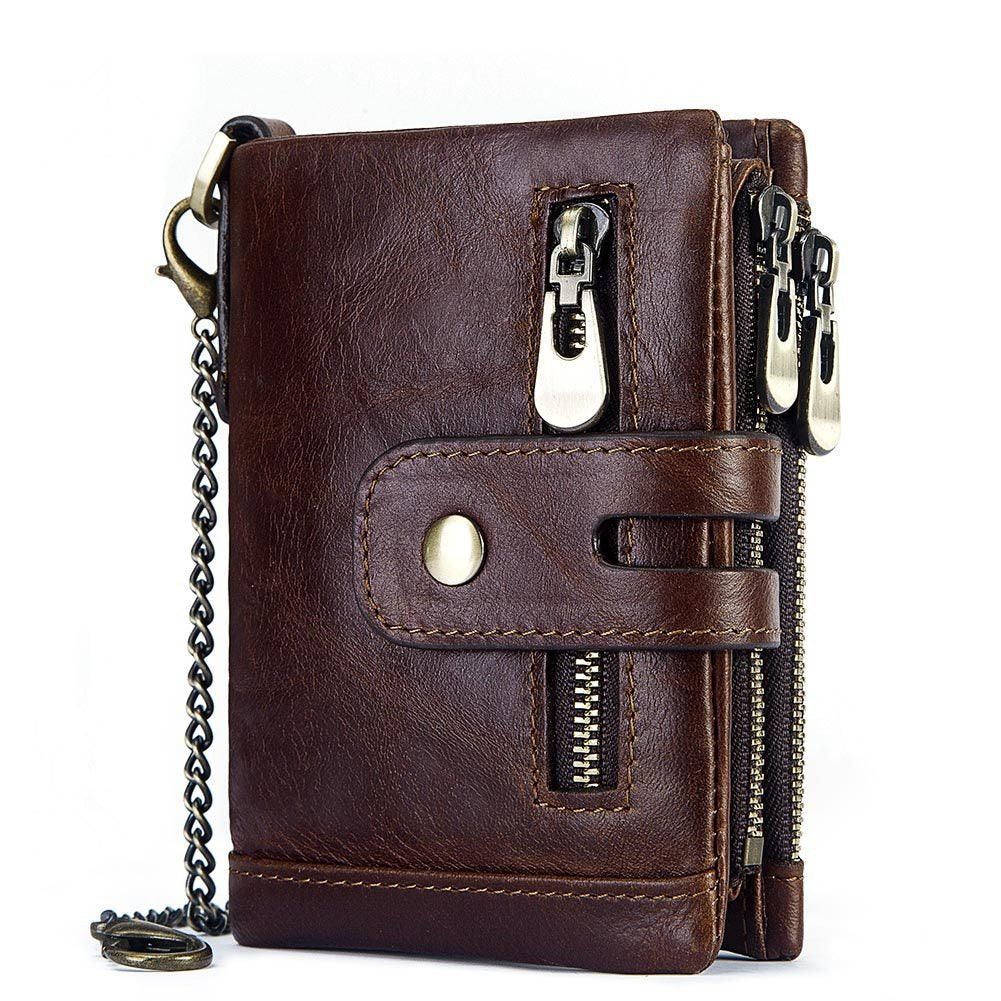 Mens short genuine leather wallet with zip and chain detail - Pleasures and Sins   Pleasures and Sins