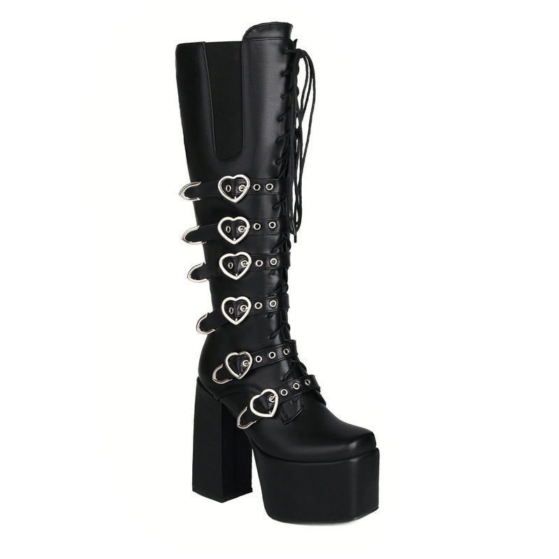 Unisex High Heel Punk Front Lace-up Multi Buckle High Leg Boots - Pleasures and Sins   Pleasures and Sins