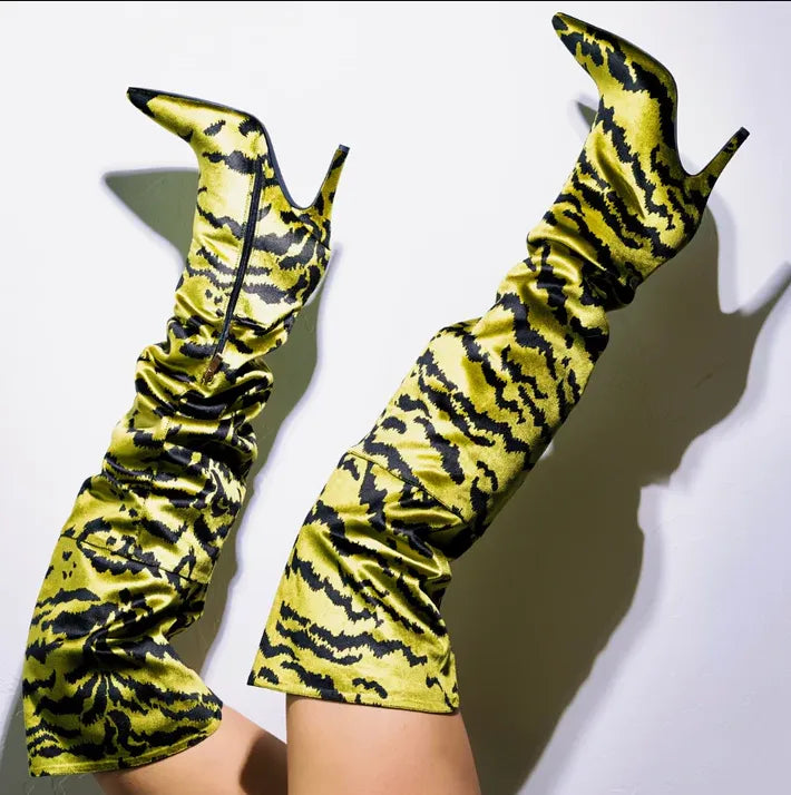 Womens Tiger Print Sexy Thigh Boots With Pointed Toe Stiletto Heels Side Zip - Pleasures and Sins   Pleasures and Sins