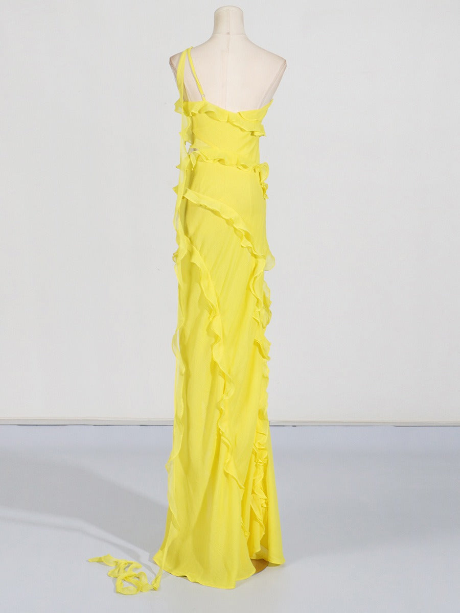 Yellow Elegant style one shoulder long dress asymmetric split - Pleasures and Sins   Pleasures and Sins