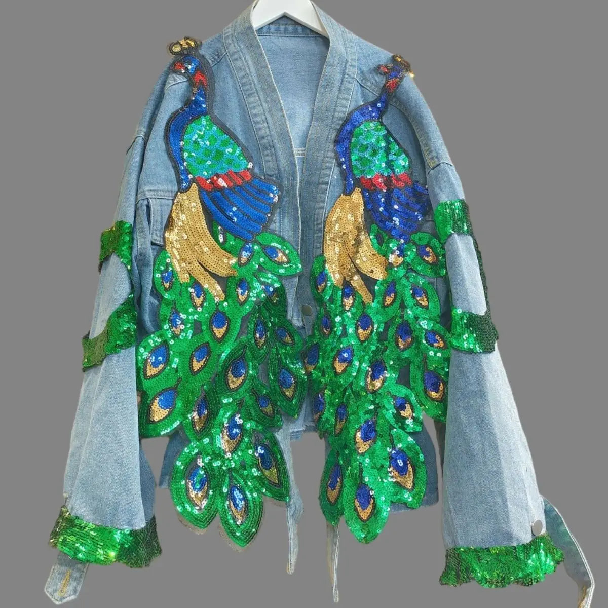 Womens V-neck 3D Peacock Sequined Embroidered Denim Jacket - Pleasures and Sins   Pleasures and Sins