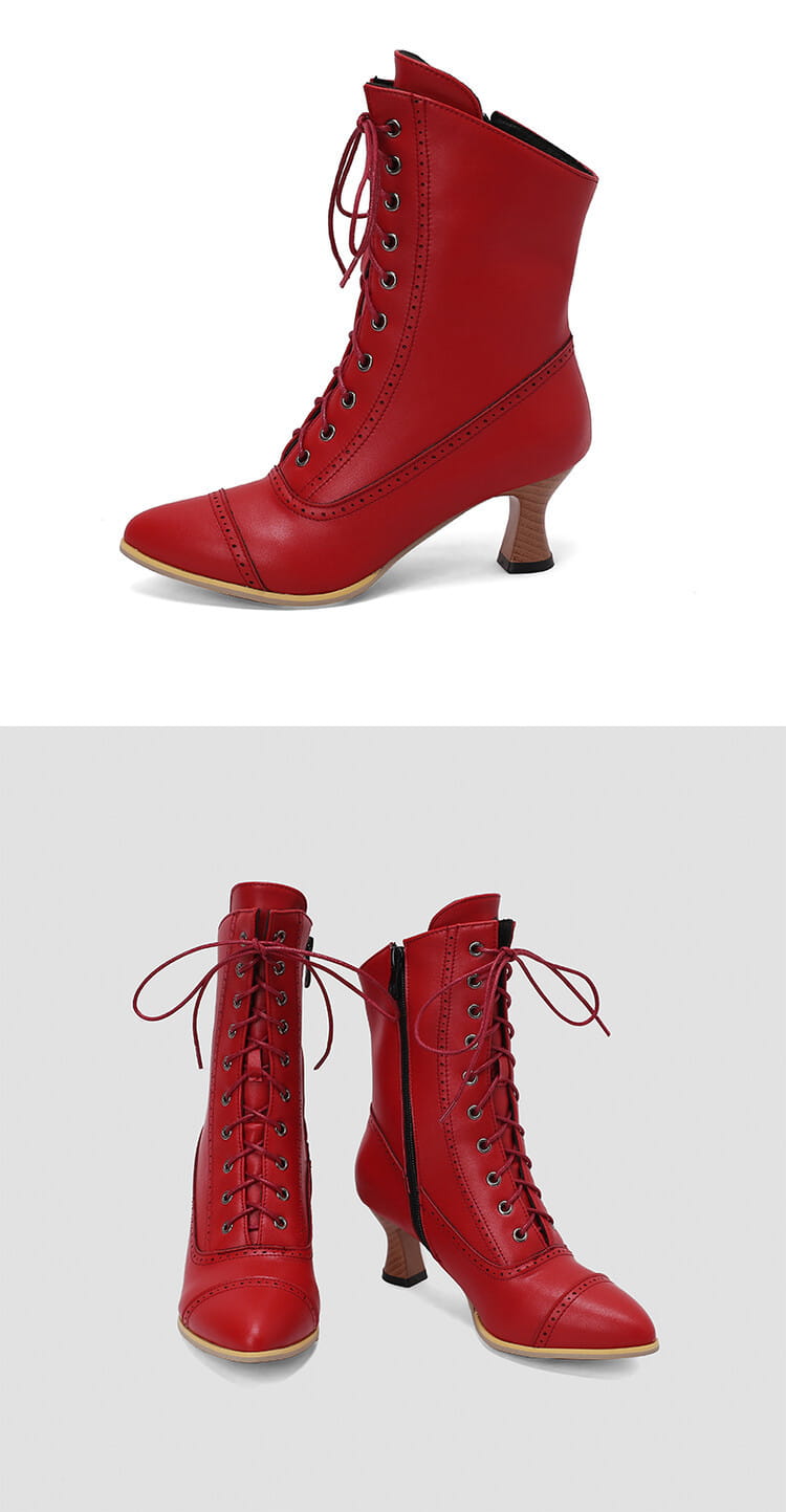 Red leather Victorian-style lace-up boots with curved heels for women’s retro steampunk style.