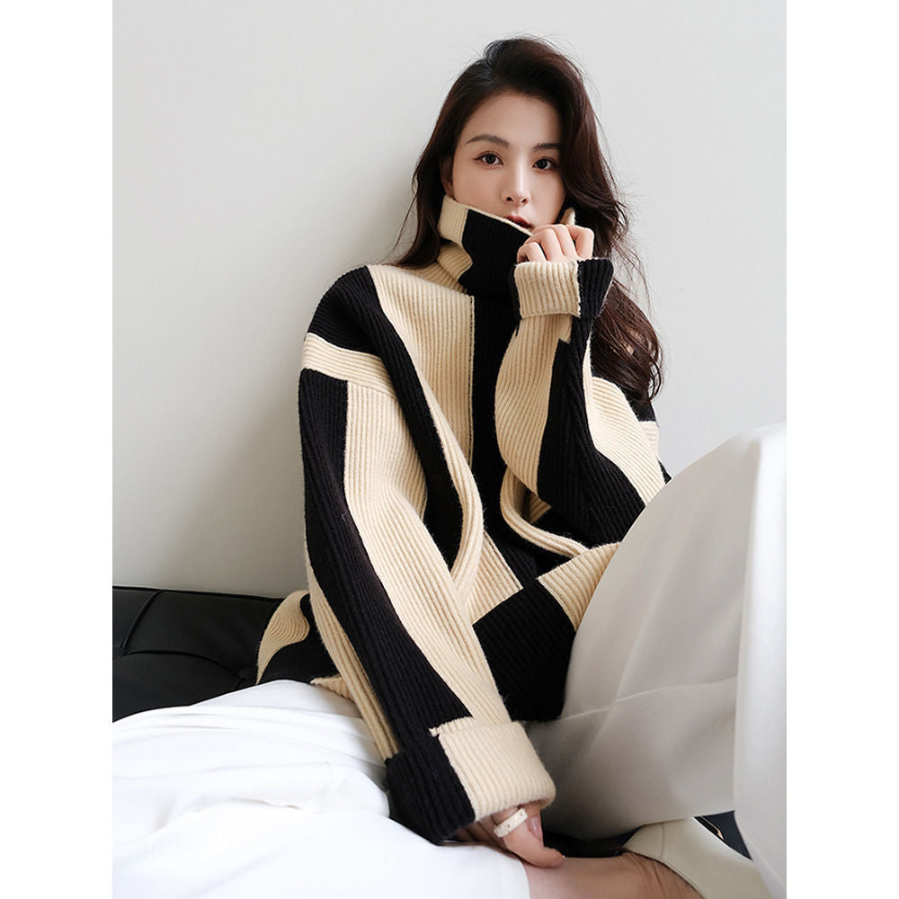 High neck black and white soft knit striped sweater for women