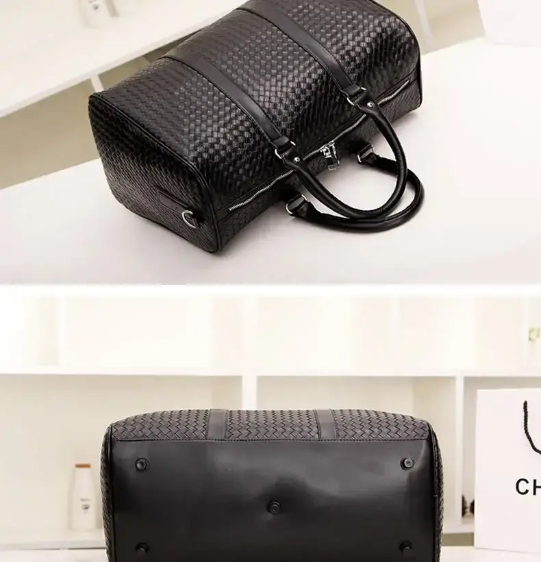 Stylish unisex black leather handbag with woven texture for business trip carry.