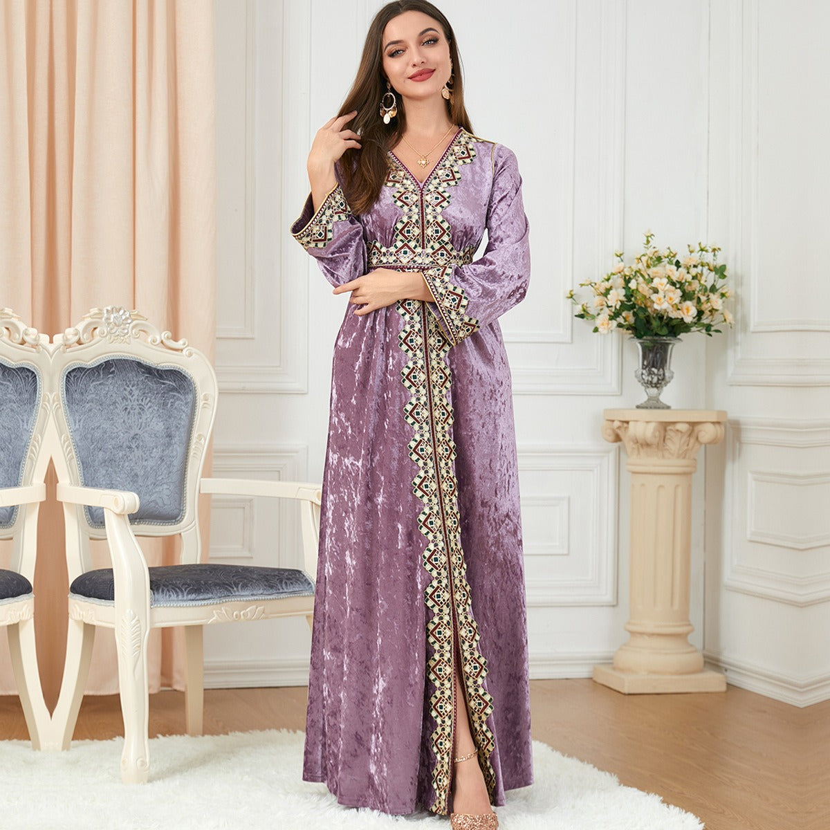 Muslim autumn, winter loose fitting long sleeved golden velvet dress - Pleasures and Sins   Pleasures and Sins